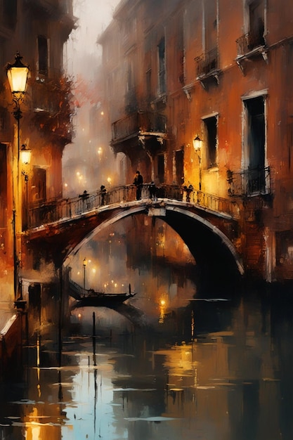 Veneza à noite pintura digital atmosfera nebulosa chuvosa de outono ilustração