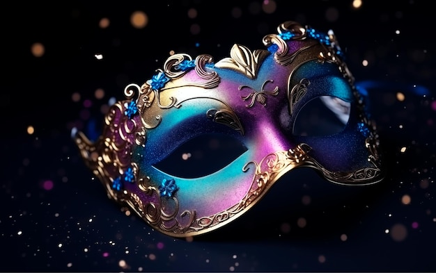 Venezianische Karnevalmaske in leuchtenden Farben auf dunklem Hintergrund und mit goldenen Flecken