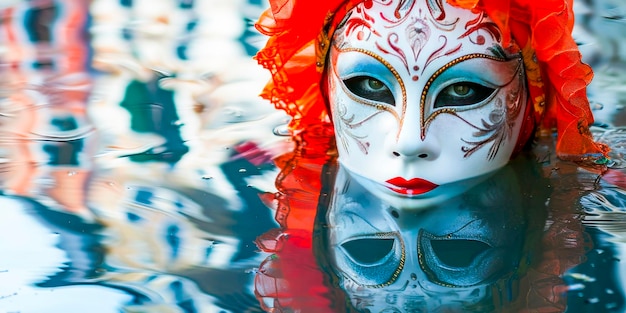 Venezianische Maske reflektiert im Wasser in SunsetxA