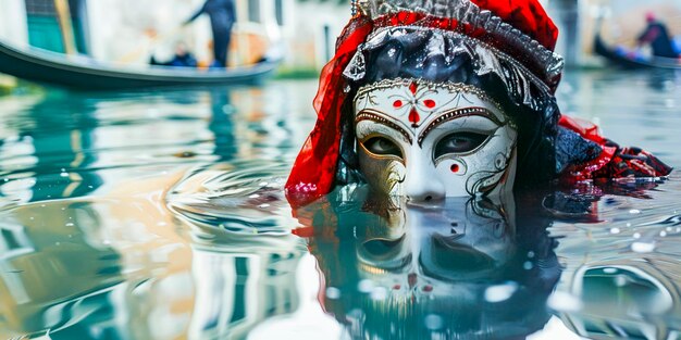 Foto venezianische maske reflektiert im wasser in sunsetxa