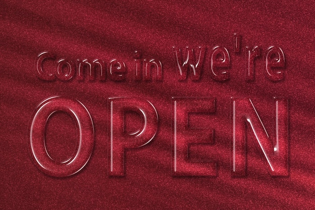 Foto venha, estamos abertos. sign open text business concept fundo vermelho.