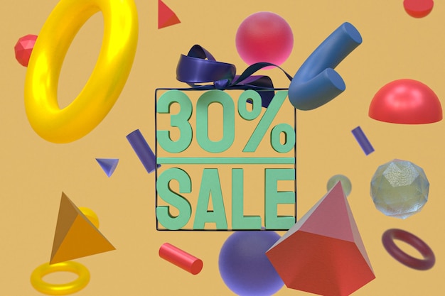 Venta del 30% con diseño 3d de arco y cinta sobre fondo de geometría abstracta