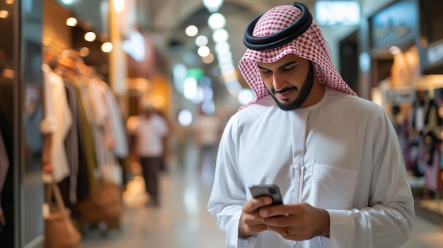 Venta al por menor digital en Arabia Saudita Hombre en Thobe comprando en el móvil