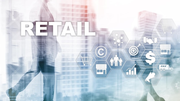 Venta al por menor Tecnología Comunicación Compras Pantalla virtual Concepto Marketing Gestión de datos Futurista Compras en línea Resumen Antecedentes