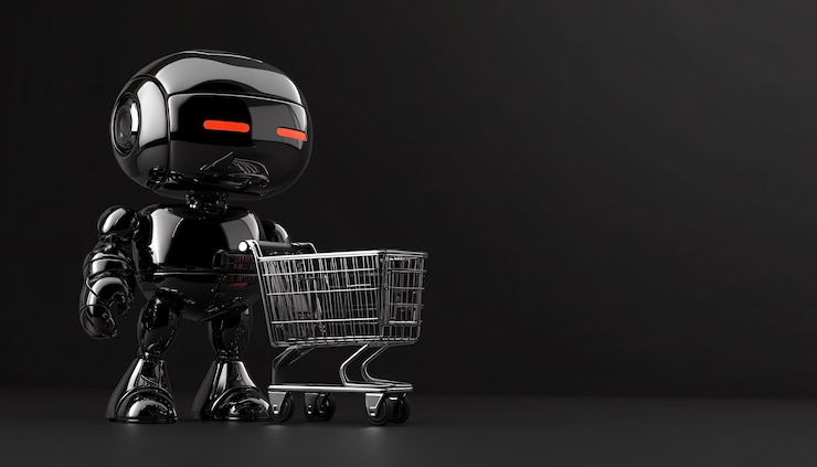 Foto venta de cyber monday con un robot que está sentado en un carrito de compras