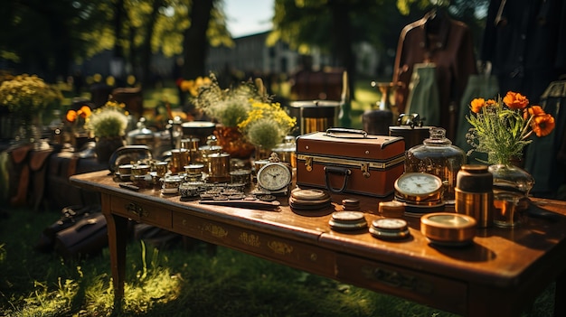 Venta de garaje Mercado de segunda mano Bienes usados en exhibición en un mercado de pulgas por la tarde en Greensward