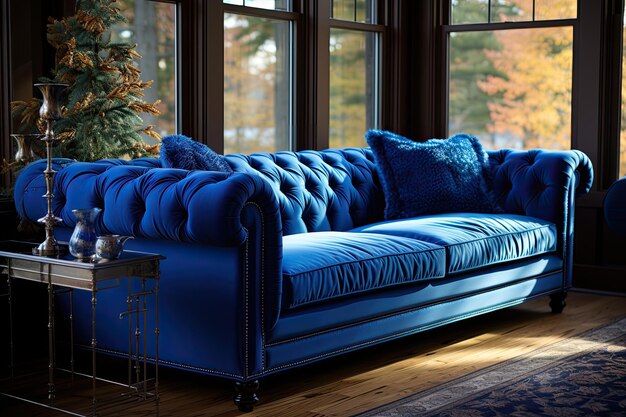 Venta de muebles de salón y decoración de exhibición. Un sofá o sofá azul marino está en exhibición para pu.