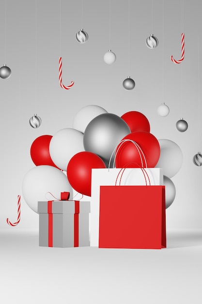 Venta de navidad Representación 3d Bolsa de compras en blanco maqueta de marca globo blanco rojo plantilla de caja de regalo de bola de bastón de caramelo