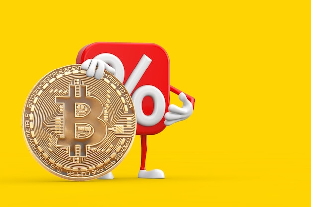 Venta o descuento Signo de porcentaje Persona Mascota de personaje con Moneda de Bitcoin de oro digital y criptodivisa sobre un fondo amarillo Representación 3d
