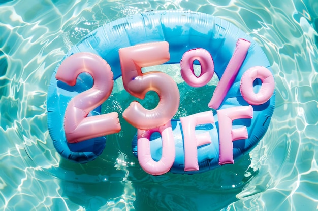 Venta de verano porcentaje de descuento vista aérea de una piscina con flotadores de piscina inflables