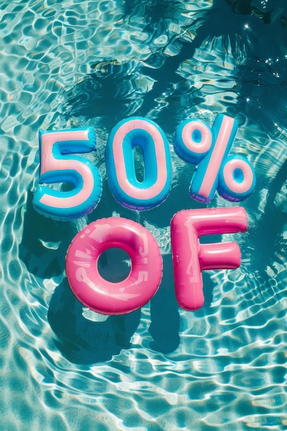 Venta de verano porcentaje de descuento vista aérea de una piscina con flotadores de piscina inflables