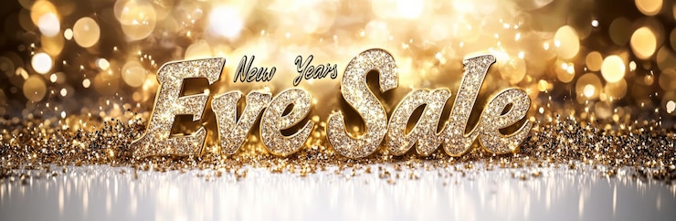 Foto la venta de la víspera de año nuevo con texto dorado brillante y fondo bokeh festivo crea una atmósfera de celebración