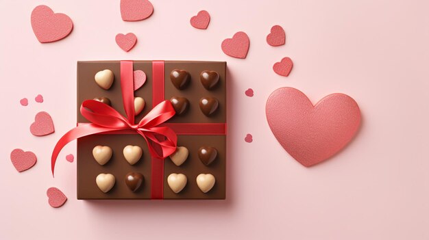 Ventaje de día de San Valentín pancarta de sitio web rosa caja de regalos realista en forma de corazón llena de trufas chocolate diseño vectorial