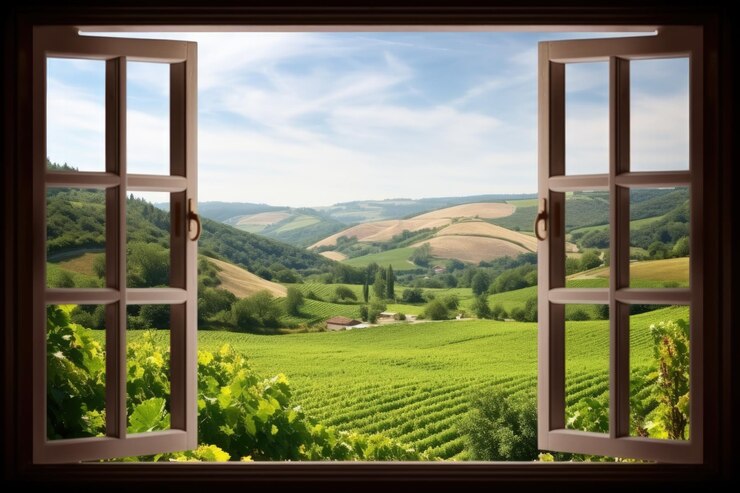Una ventana abierta que muestra una vista de un viñedo y el campo IA generativa