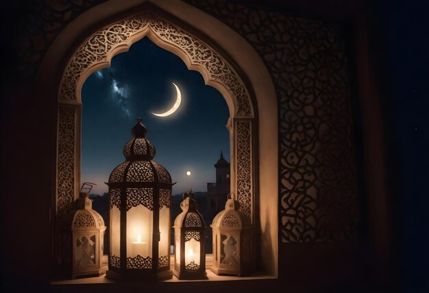 Ventana arabesca con luna creciente cielo nocturno estrellado y linternas tradicionales fondo de Ramadán