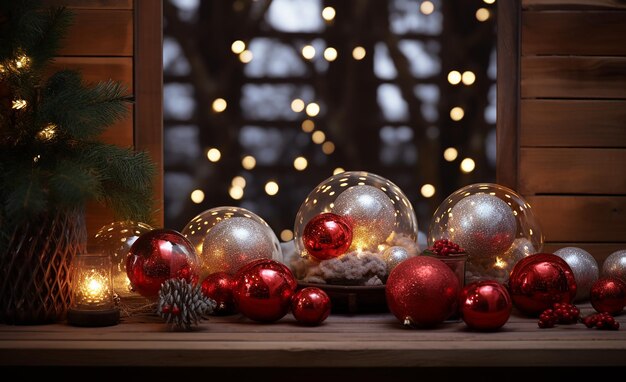 una ventana con un árbol de Navidad y adornos en ella