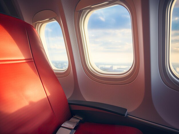 Foto ventana de avión hermoso cielo disparado desde el interior de la ventana del avión con el cielo luces doradas de la puesta de sol