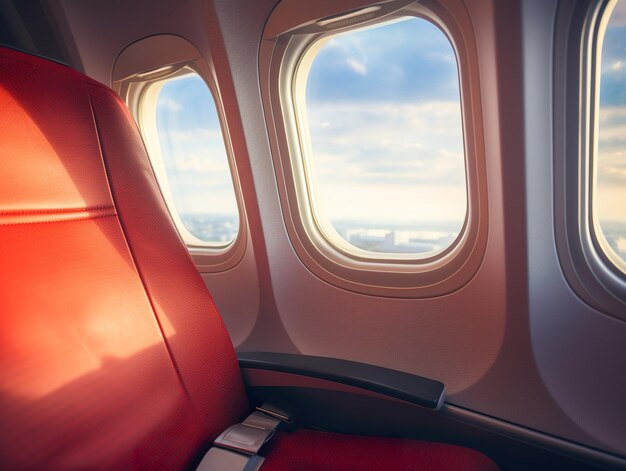 Ventana de avión hermoso cielo disparado desde el interior de la ventana del avión con el cielo luces doradas de la puesta de sol