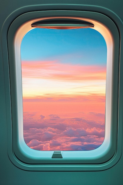 Ventana de avión mirando hacia las nubes en el cielo