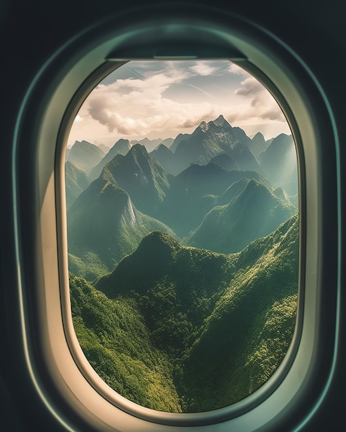 Una ventana de un avión con montañas al fondo