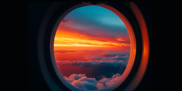 Una ventana en un avión con el sol poniéndose detrás