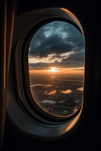 La ventana de un avión con el sol poniéndose detrás