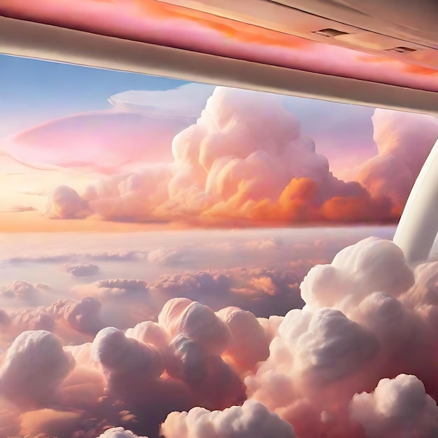 Foto ventana de avión de viaje de aire mirando hacia fuera nubes de sorbete blanco rosa naranja ai