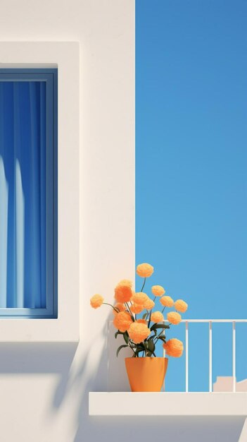 Ventana azul con flores frente a una pared blanca