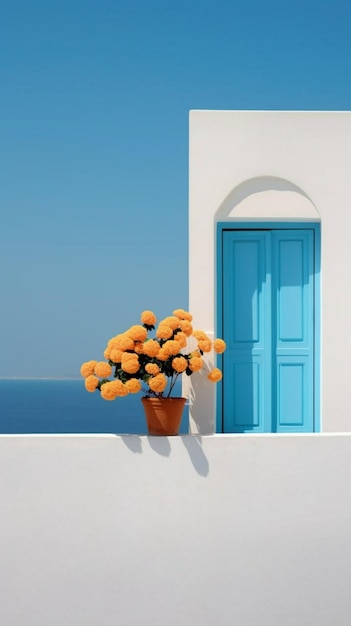 Ventana azul con flores frente a una pared blanca