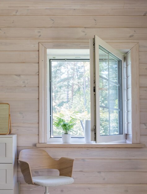 Ventana blanca con red mosito en una casa rústica de madera