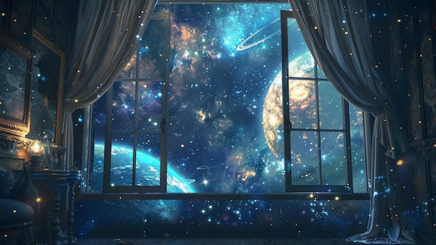 Ventana del cielo estrellado que muestra estrellas planetas galaxias estrellas fugazes nebulosas