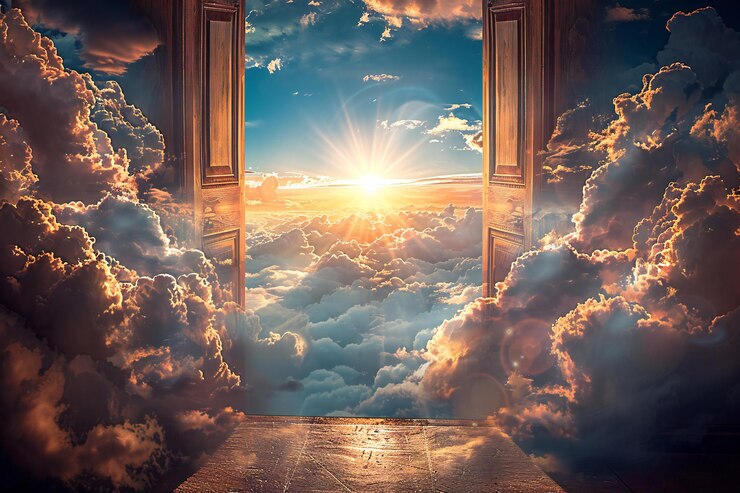 una ventana en el cielo con el sol brillando a través de ella