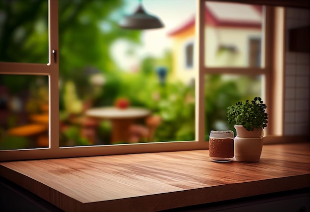 Una ventana de cocina con una maceta en el mostrador