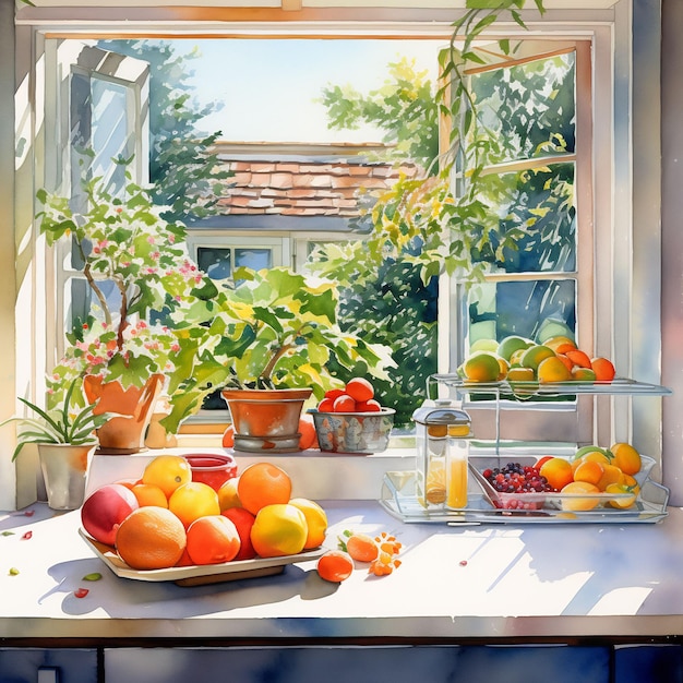 una ventana de la cocina con un plato de frutas y verduras sobre una mesa