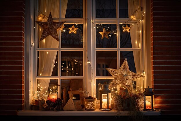 Ventana con coronas de farolillos y estrellas por la noche.