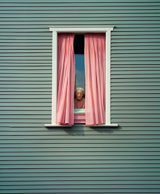 Foto una ventana con una cortina rosa que dice que el niño está en la ventana