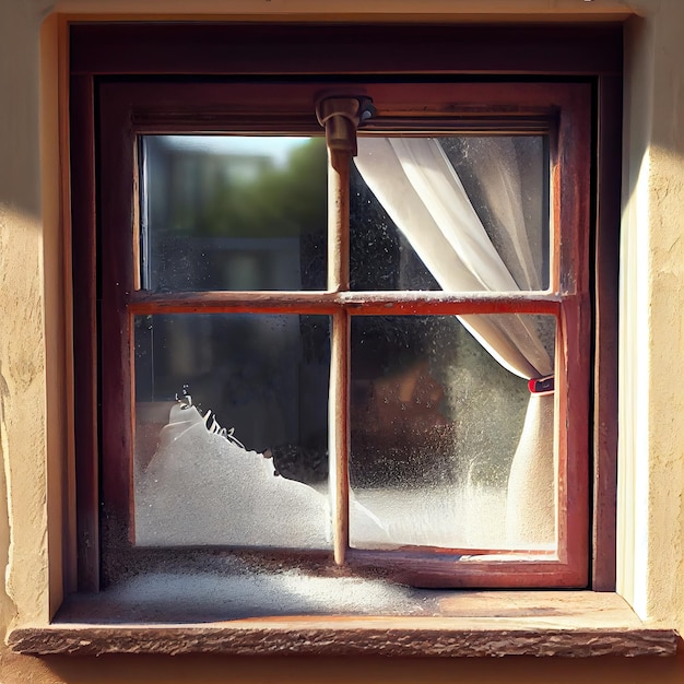 Una ventana con una cortina y suciedad.