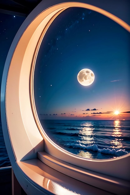 Una ventana en un crucero con la luna en el cielo.