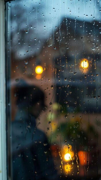 Foto ventana cubierta de lluvia figura borrosa de una persona estresada dentro de mal humor