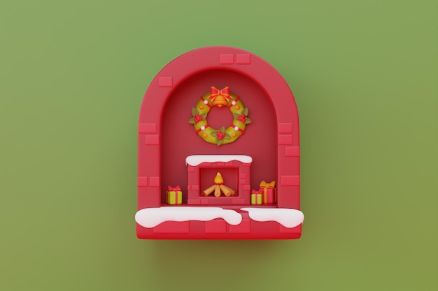 Ventana decorada en tema navideño con regalos y adornos navideños Feliz Navidad y Feliz Año Nuevo renderizado 3d