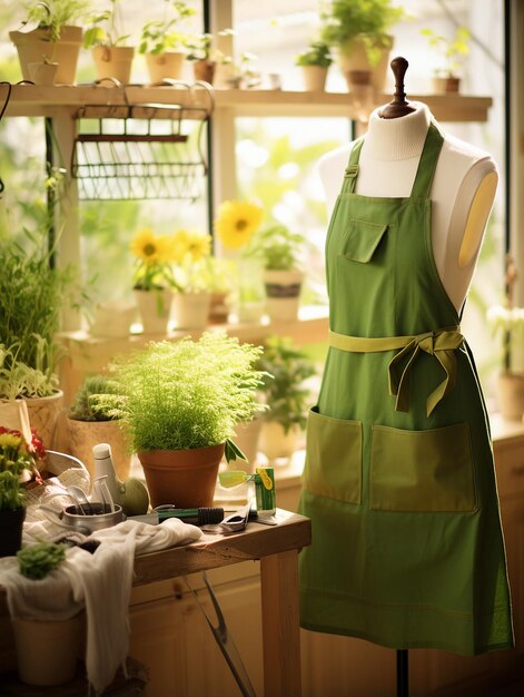 una ventana con un delantal verde cuelga de un colgante