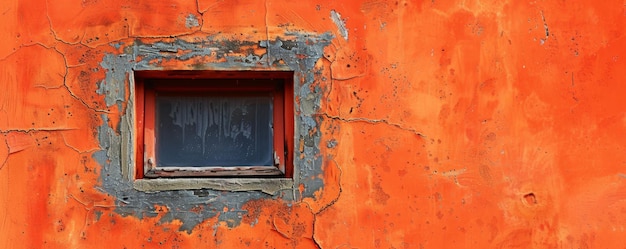 Ventana desgastada en una pared naranja con textura