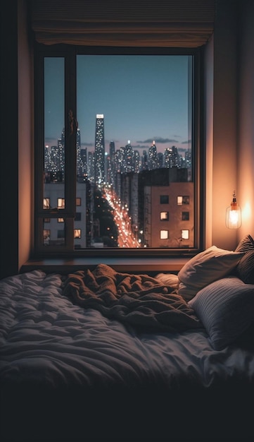 Foto una ventana en un dormitorio con vista a la ciudad.