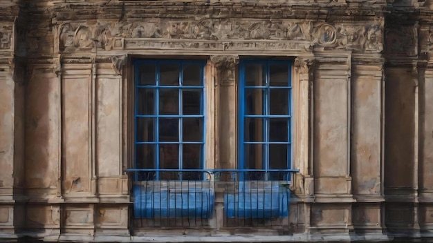 Una ventana en un edificio que tiene una ventana azul