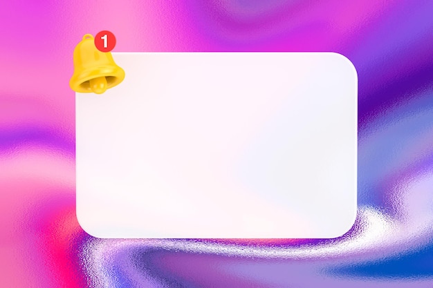 Foto ventana emergente de notificación en blanco con campana de notificación de redes sociales de dibujos animados y representación 3d de mensaje nuevo