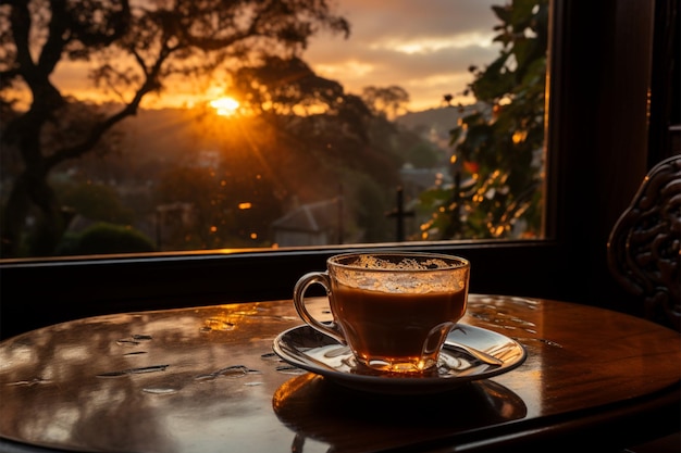 La ventana enmarcada el amanecer el vapor del café gira la larga sombra de la mesa la esencia de la mañana capturada