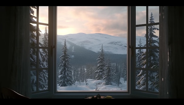 Una ventana en una escena de montaña nevada.