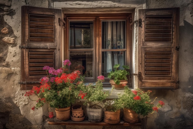 Ventana con flores de colores que florecen frente a ella IA generativa