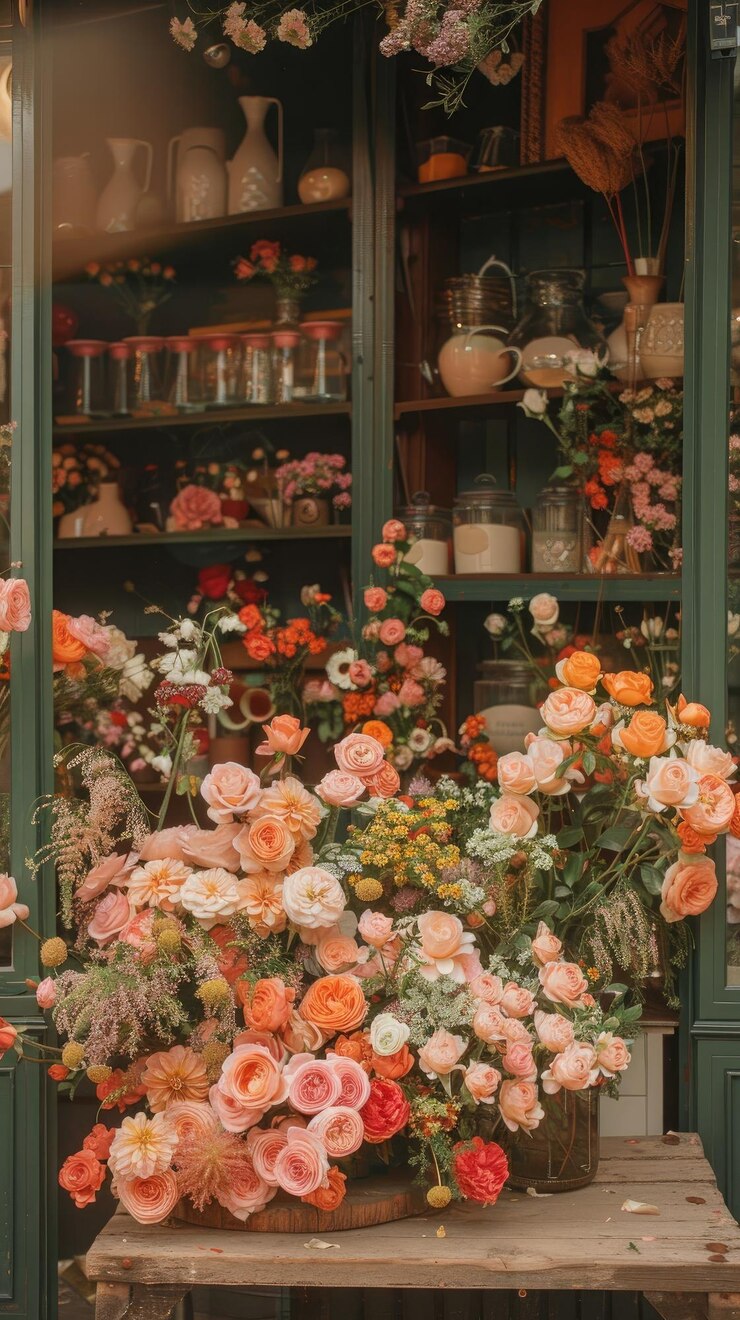 una ventana de flores y jarras con una puerta verde