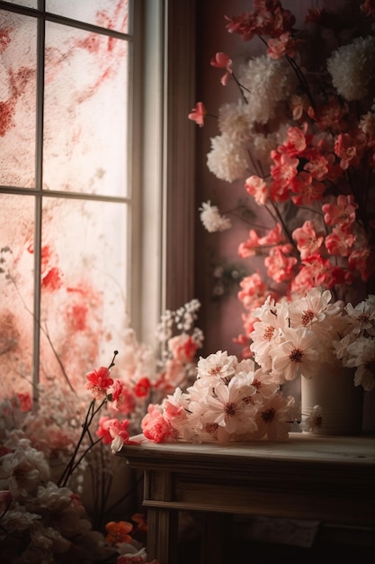 Una ventana con flores y un jarrón con flores.